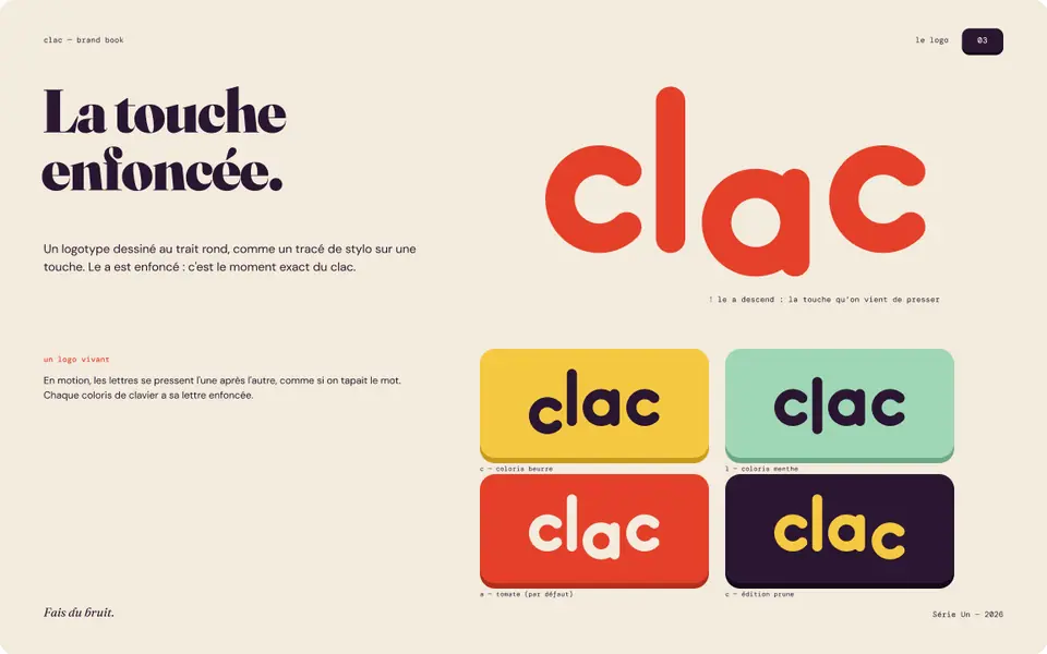 Planche logo CLAC : la touche « a » enfoncée, déclinaisons de couleurs