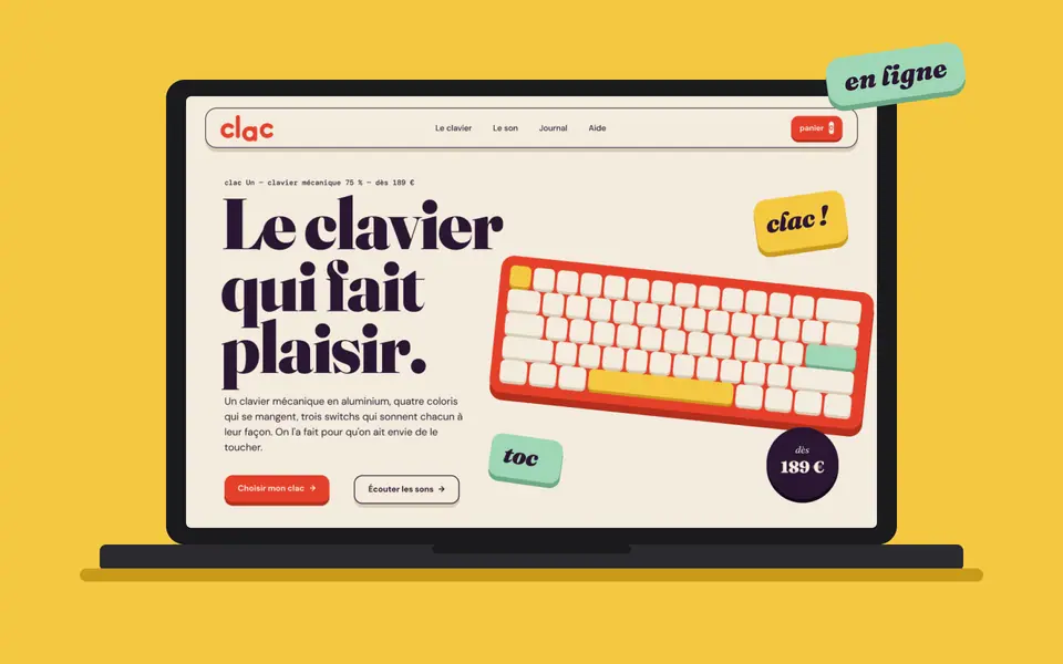 Le site CLAC sur un ordinateur portable, fond jaune