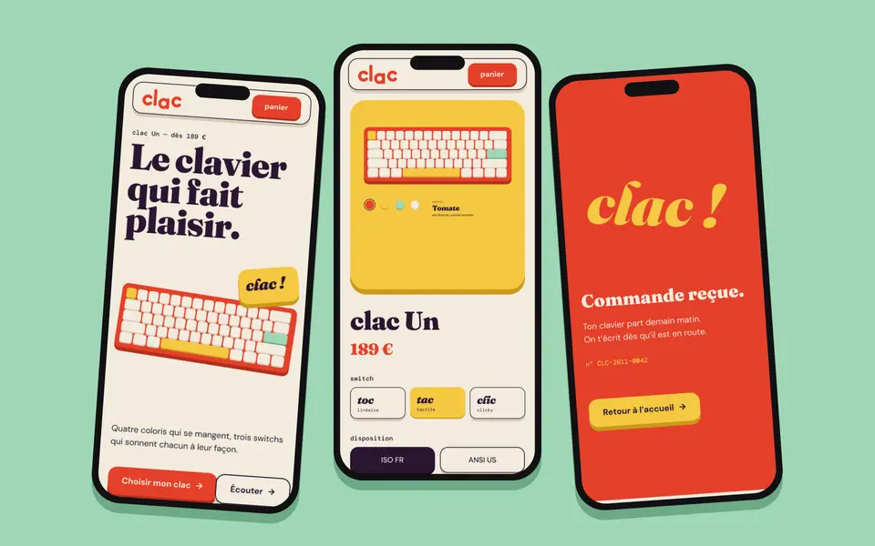 Trois écrans mobiles CLAC sur fond menthe