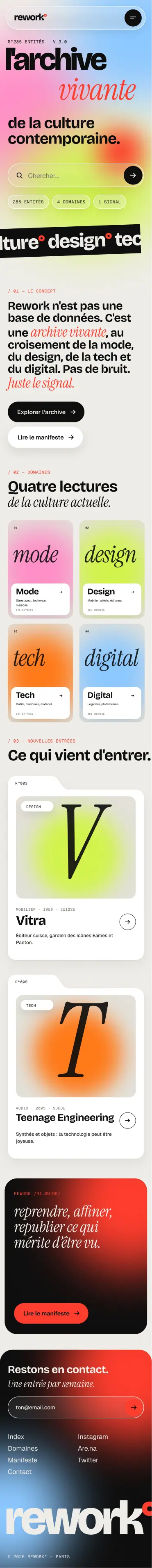Page d’accueil complète de REWORK, en version mobile