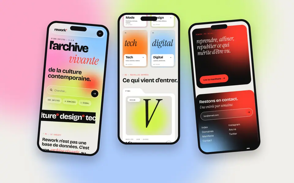 Trois écrans mobiles REWORK sur un dégradé